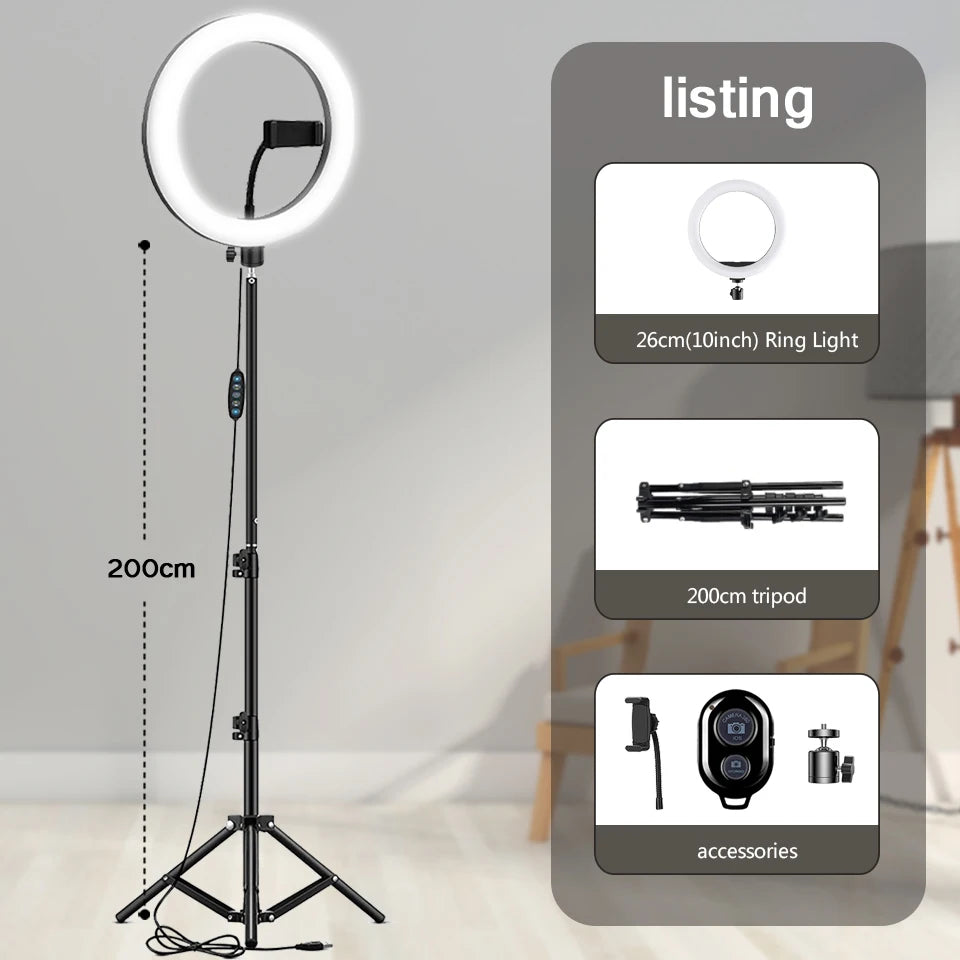 Ring Light LED Selfie 10" (26cm) | Kit Professionnel avec Trépied et Support Téléphone | Lumière Dimmable pour Vidéo, Streaming & Maquillage