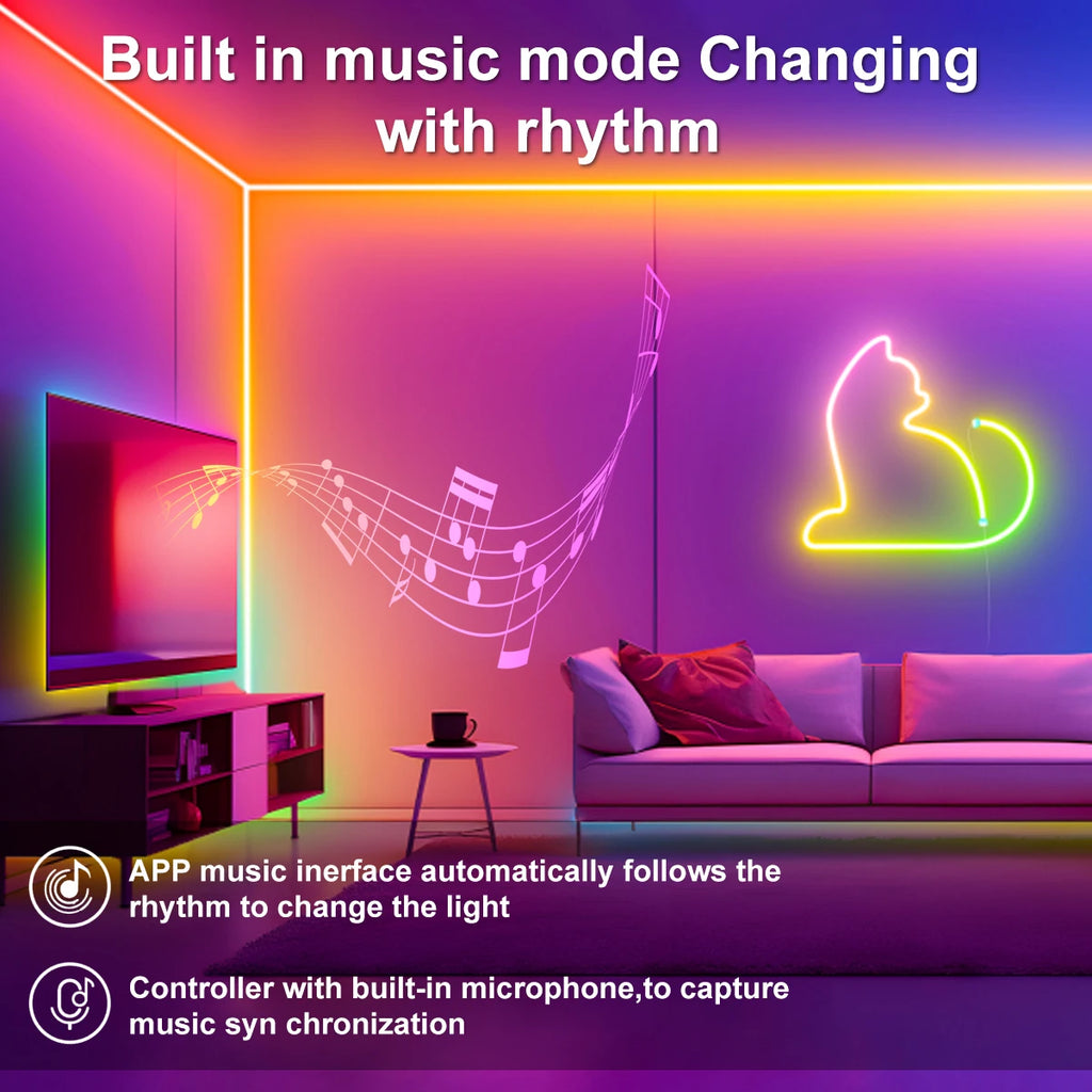 Bande LED Néon RGBIC 5V Bluetooth | Contrôle APP & Télécommande | Synchronisation Musicale pour Chambre & Décoration DIY